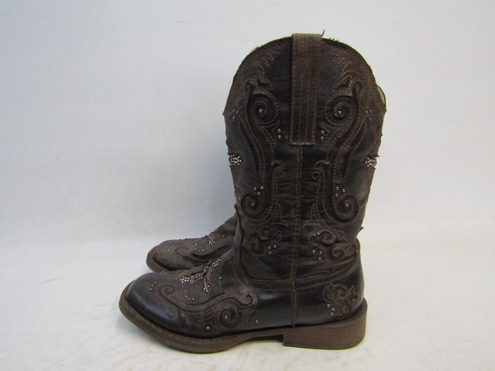 Roper Brand Youth Size 2 M Brown Studded Inlay Cowboy Western Boots